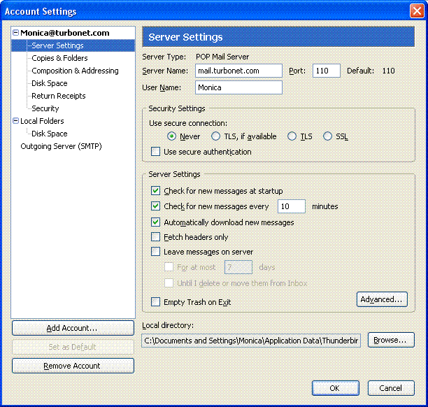 Thunderbird POP3 Setup